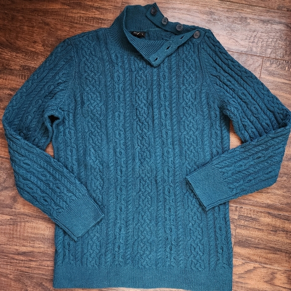Talbots Cotton Angora Dark Teal Cable Knit Fisherman Sweater with Button Detail - Picture 2 of 10